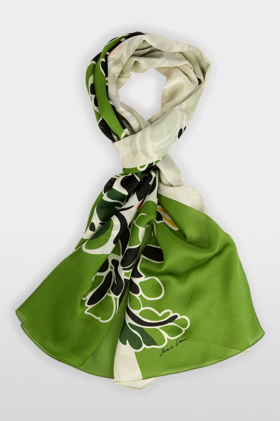 Marc Cain Garden Green Silk Scarf with Hibiscus Flowers