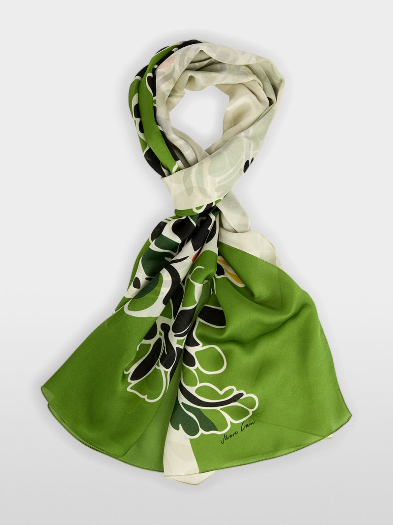 Marc Cain Garden Green Silk Scarf with Hibiscus Flowers