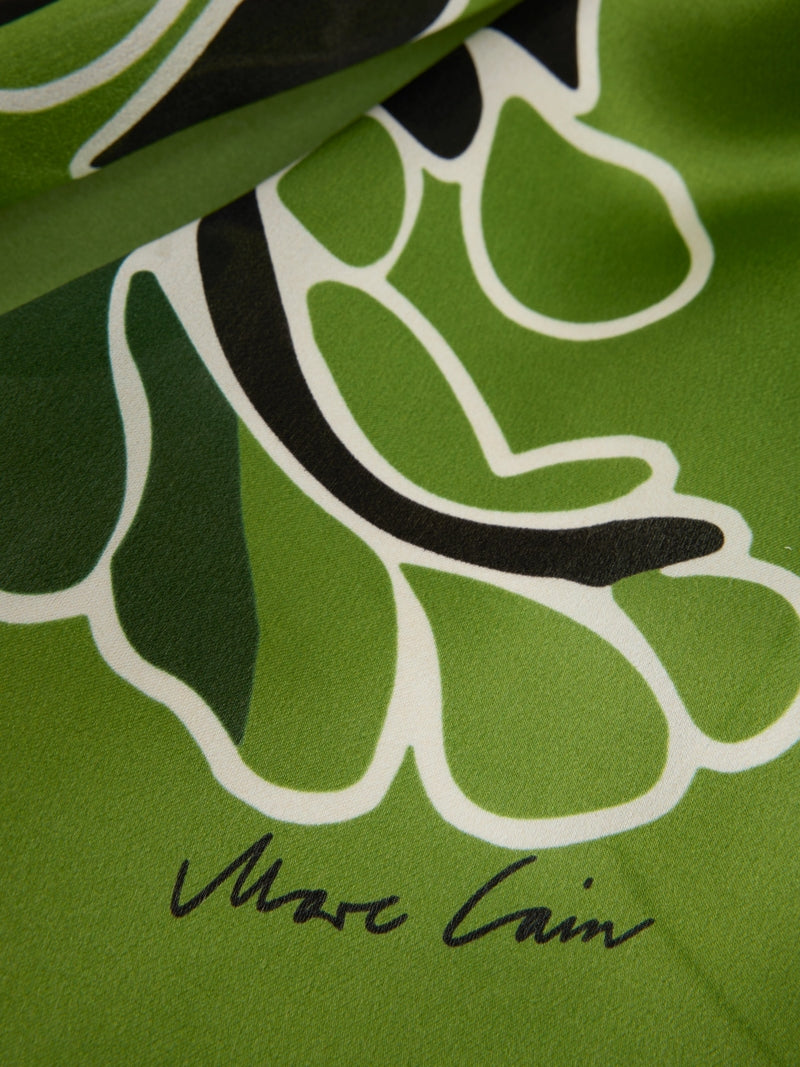 Marc Cain Garden Green Silk Scarf with Hibiscus Flowers