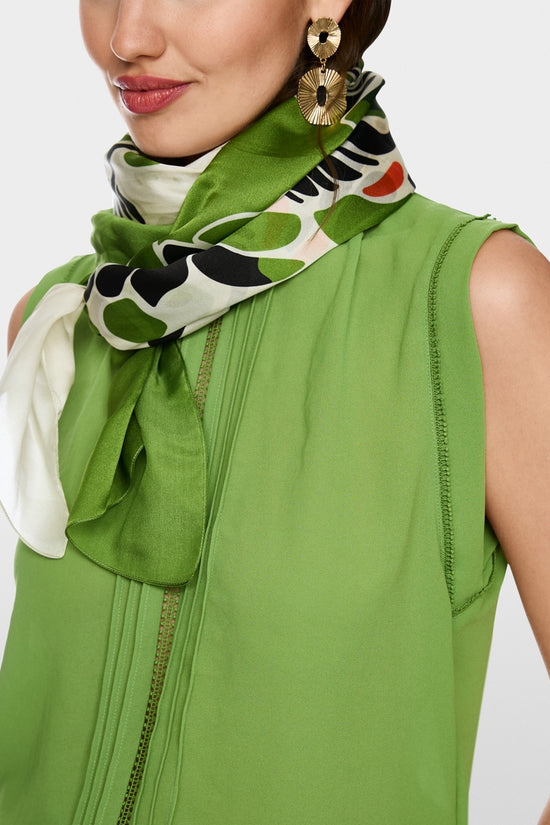 Marc Cain Garden Green Silk Scarf with Hibiscus Flowers