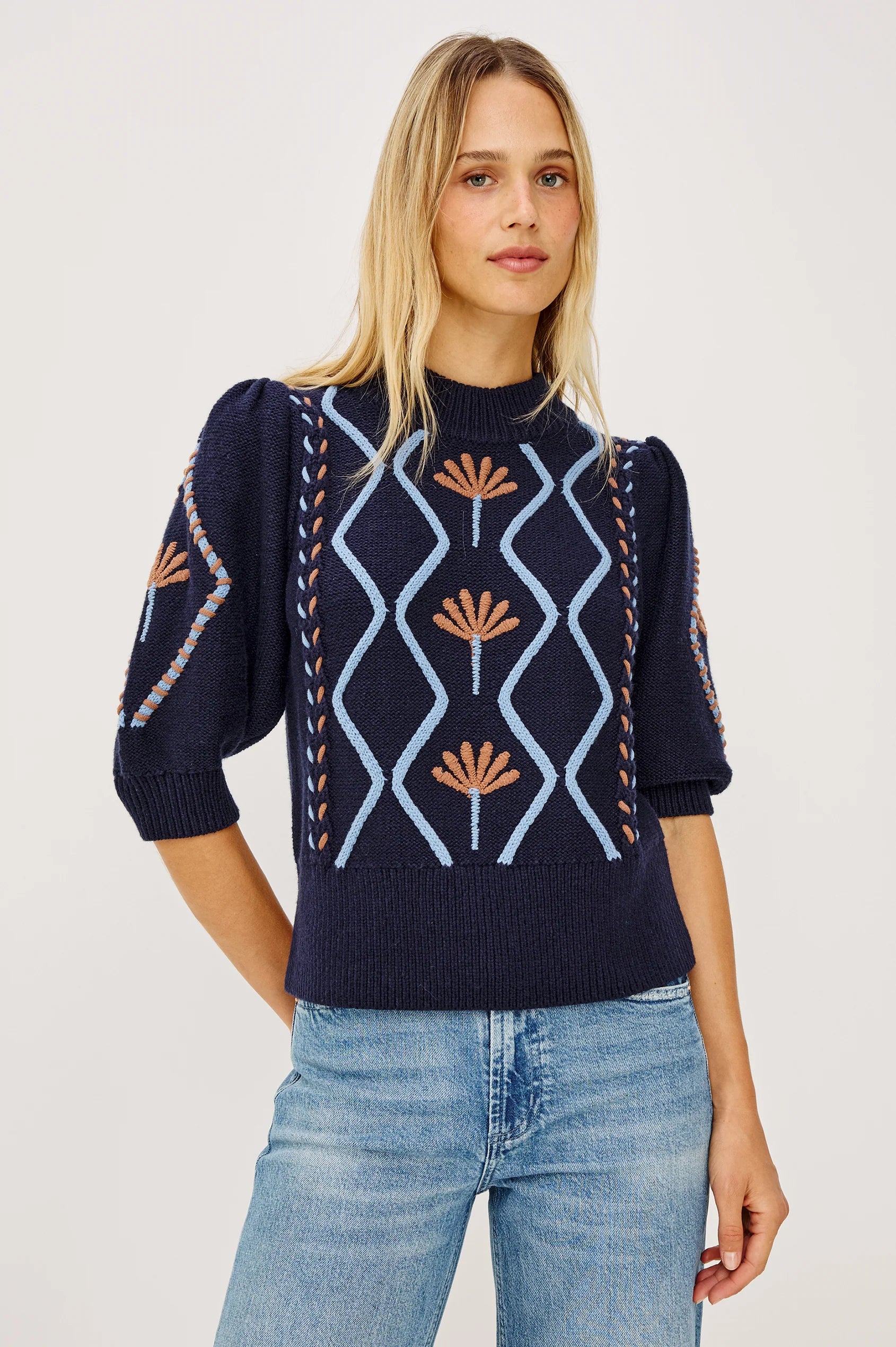 Rails Blue Floral Addy Cable Knit Sweater with Mock Neck & Puff Sleeves