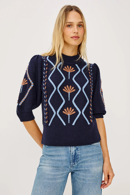 Rails Blue Floral Addy Cable Knit Sweater with Mock Neck & Puff Sleeves