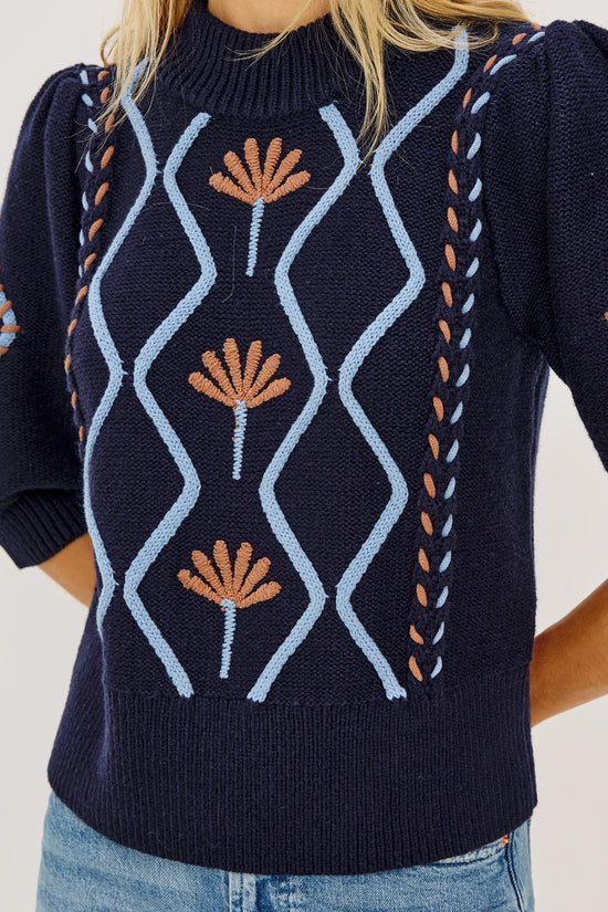 Rails Blue Floral Addy Cable Knit Sweater with Mock Neck & Puff Sleeves