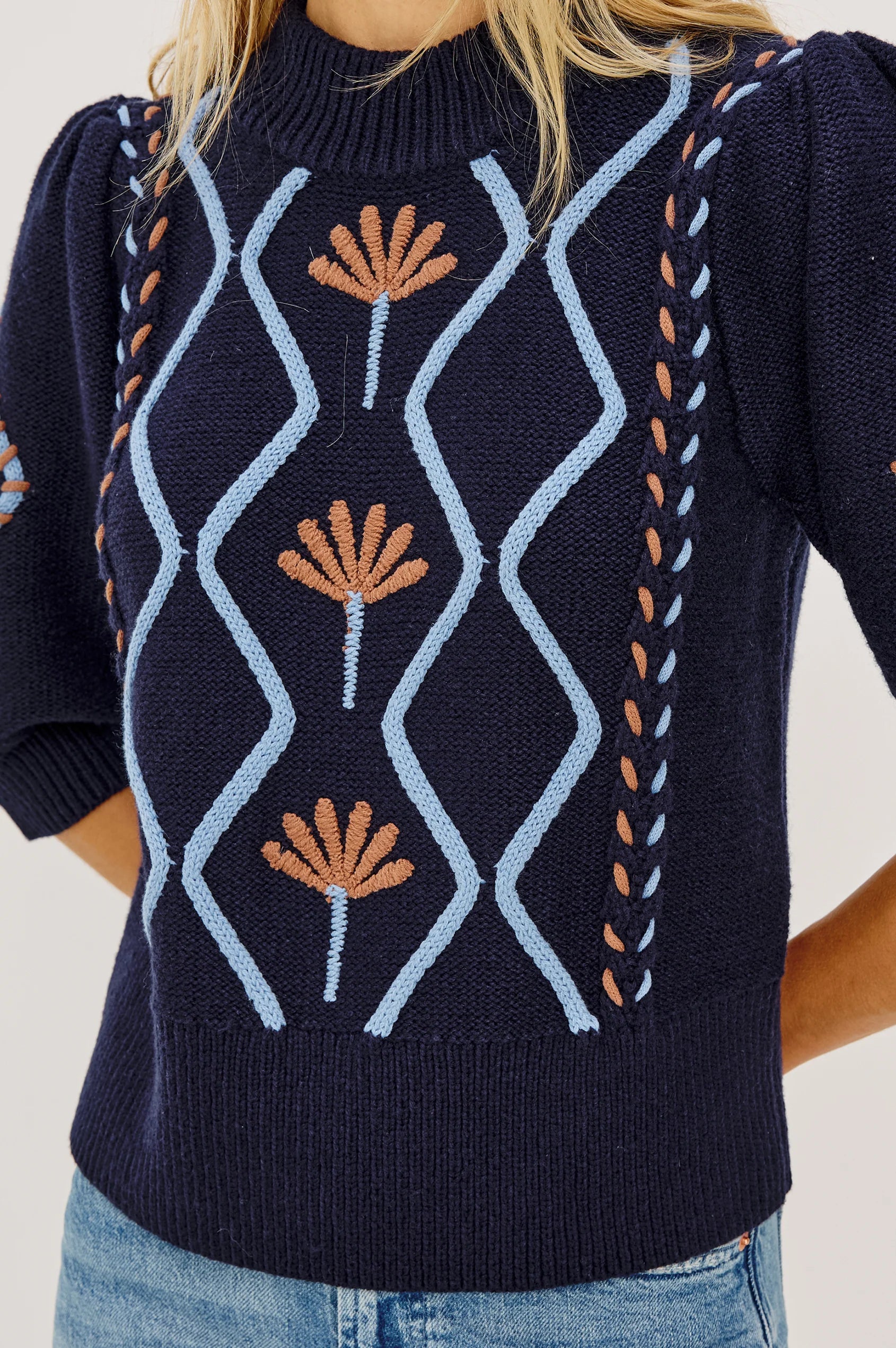 Rails Blue Floral Addy Cable Knit Sweater with Mock Neck & Puff Sleeves