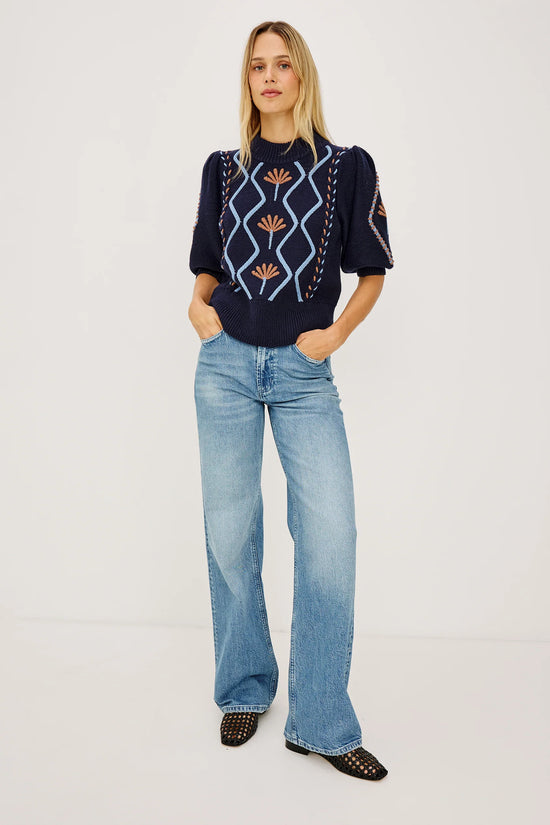 Rails Blue Floral Addy Cable Knit Sweater with Mock Neck & Puff Sleeves