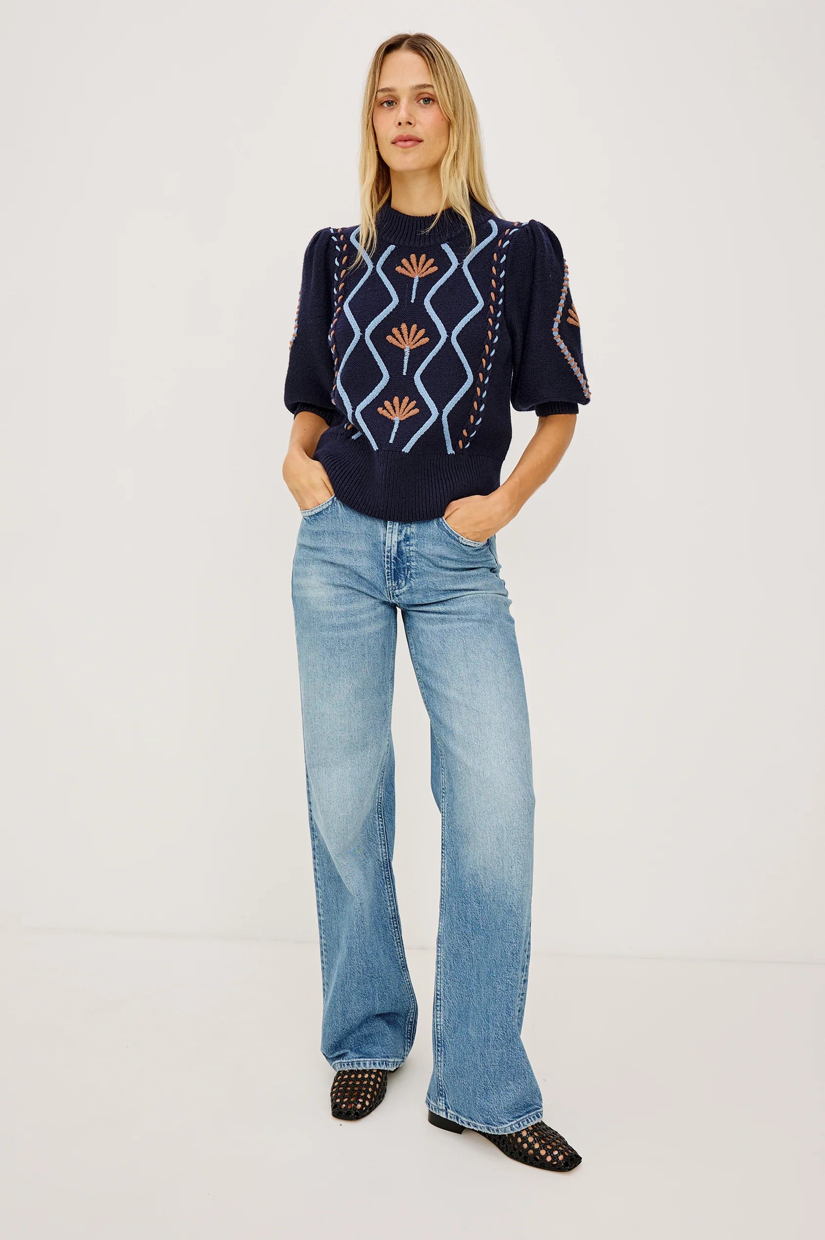 Rails Blue Floral Addy Cable Knit Sweater with Mock Neck & Puff Sleeves
