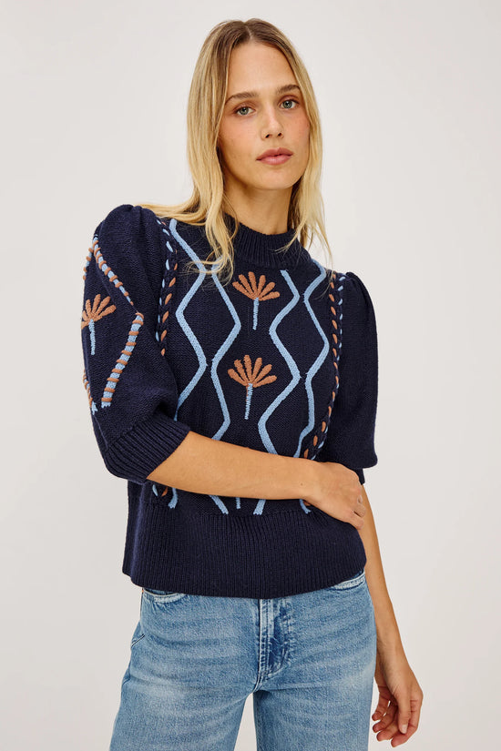 Rails Blue Floral Addy Cable Knit Sweater with Mock Neck & Puff Sleeves