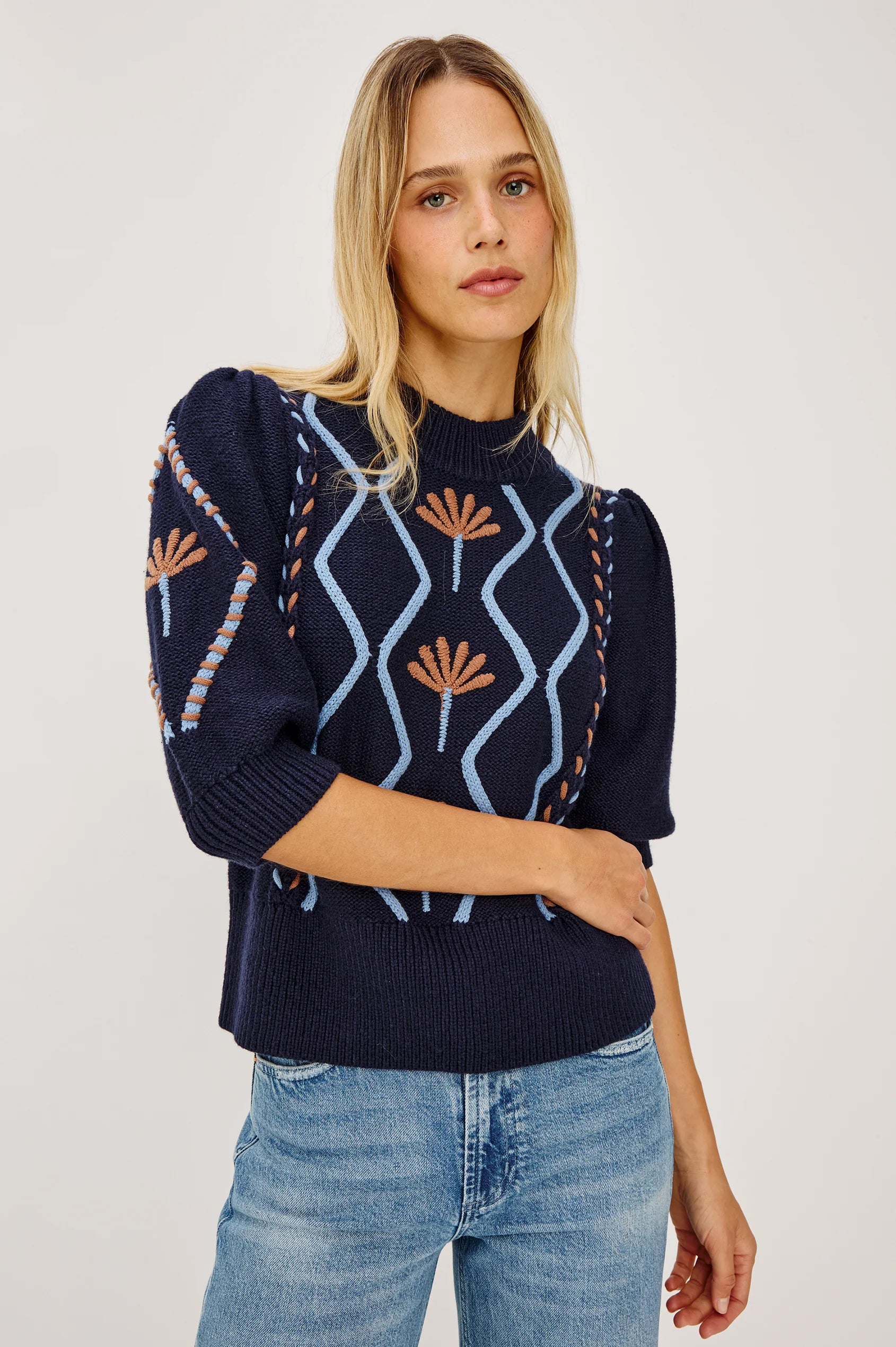 Rails Blue Floral Addy Cable Knit Sweater with Mock Neck & Puff Sleeves