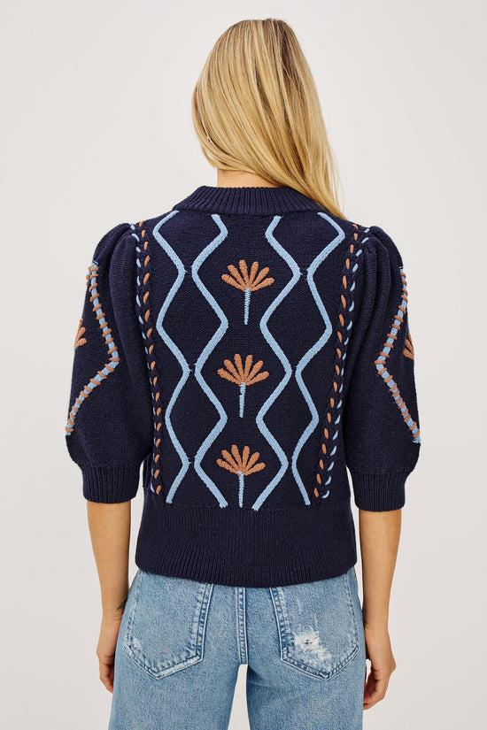 Rails Blue Floral Addy Cable Knit Sweater with Mock Neck & Puff Sleeves