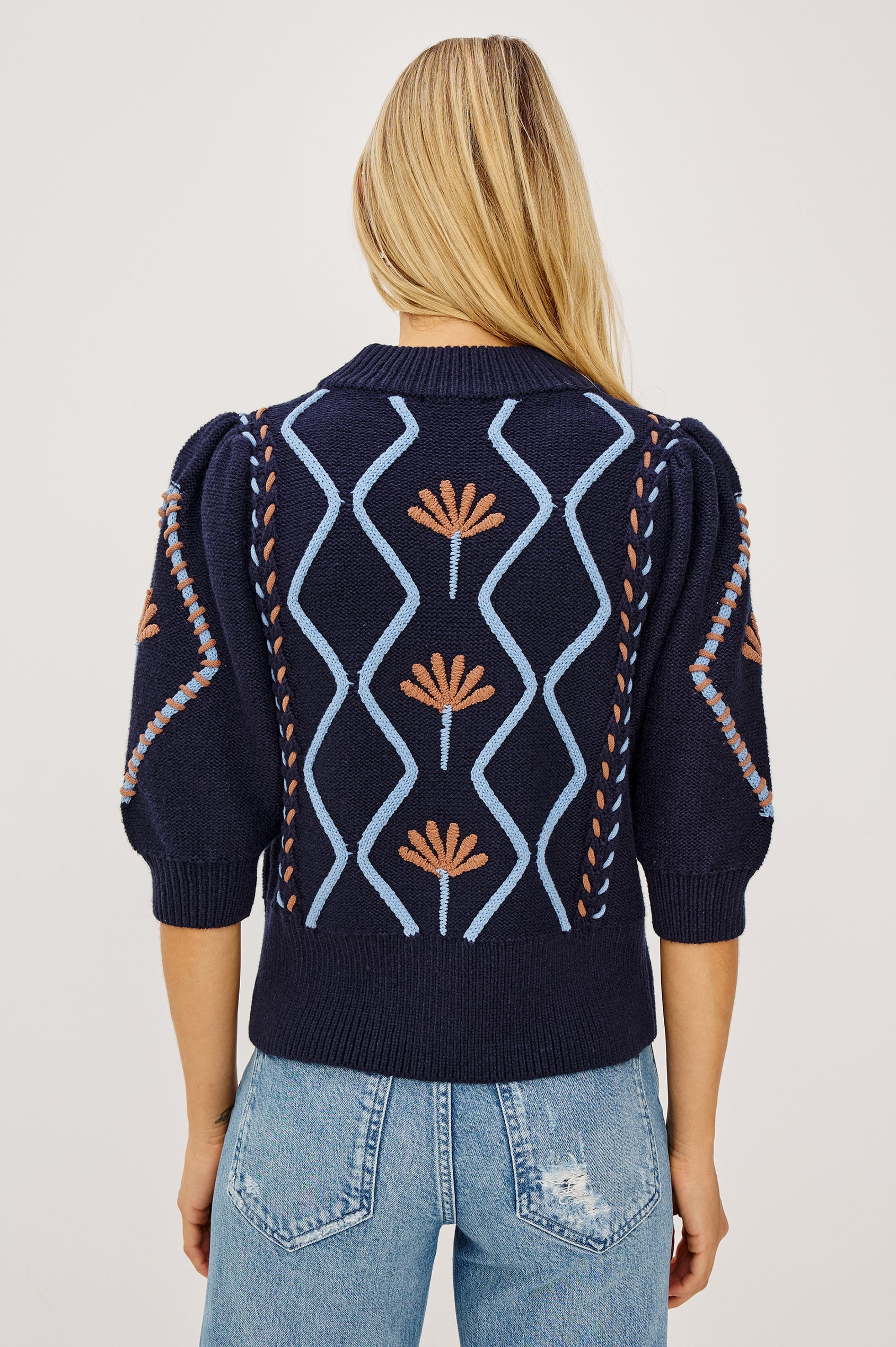 Rails Blue Floral Addy Cable Knit Sweater with Mock Neck & Puff Sleeves