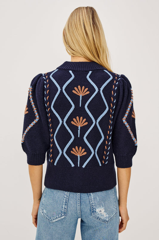 Rails Blue Floral Addy Cable Knit Sweater with Mock Neck & Puff Sleeves