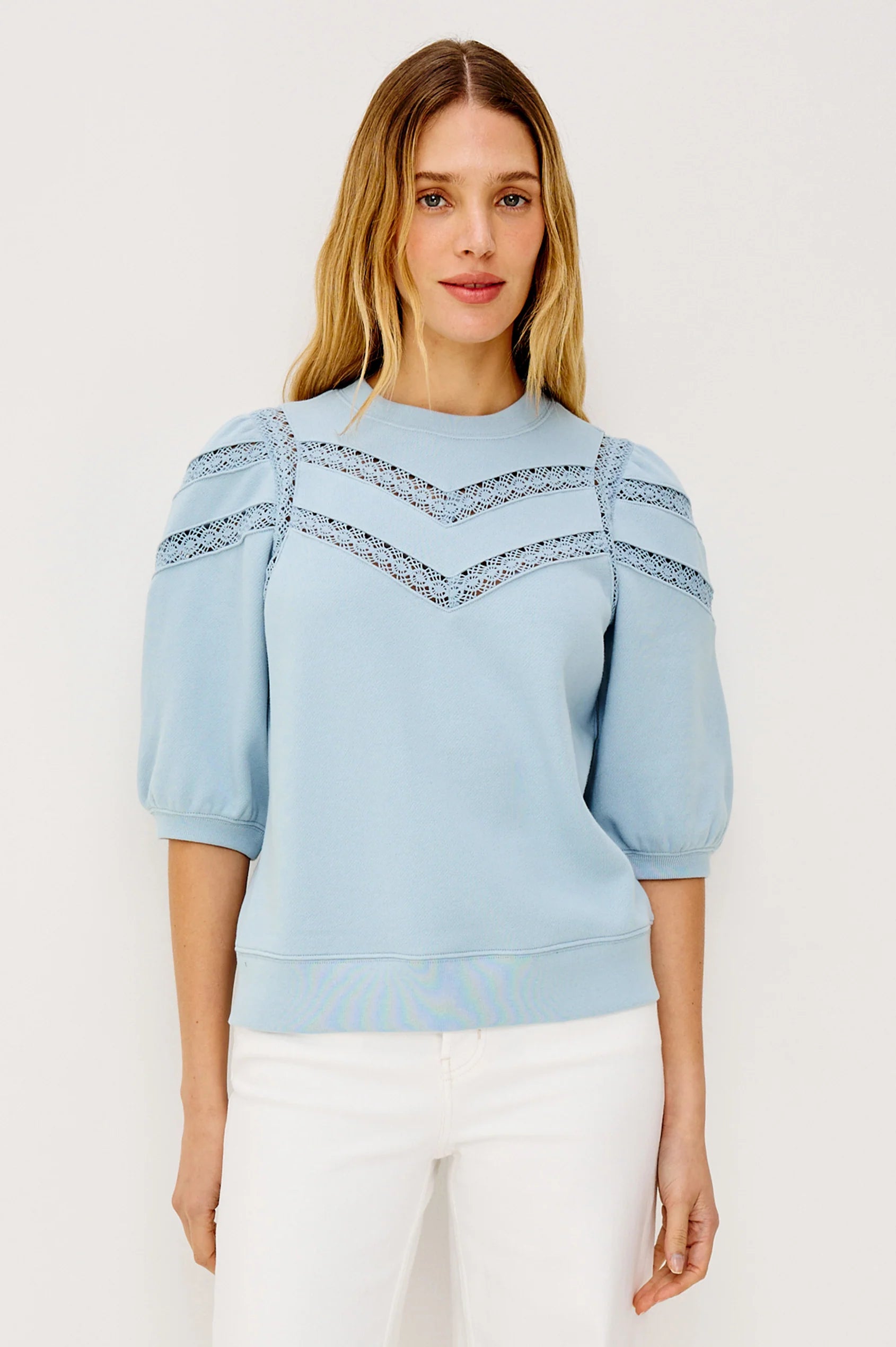 Rails Sky Blue Crew Neck Top with Sheer Crochet Insets ADRIA