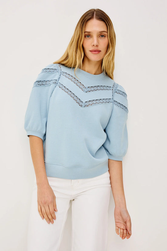 Rails Sky Blue Crew Neck Top with Sheer Crochet Insets ADRIA