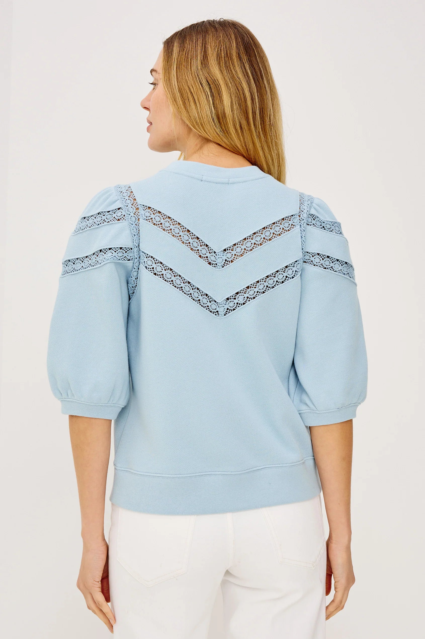 Rails Sky Blue Crew Neck Top with Sheer Crochet Insets ADRIA