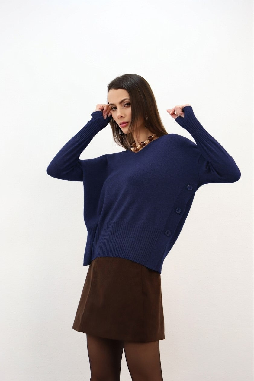 Estheme Cashmere Ink Cashmere V-Neck Sweater Button Side Detail 