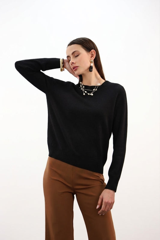 Estheme Cashmere Black Cashmere Sweater Round Neck Sparkle Detail