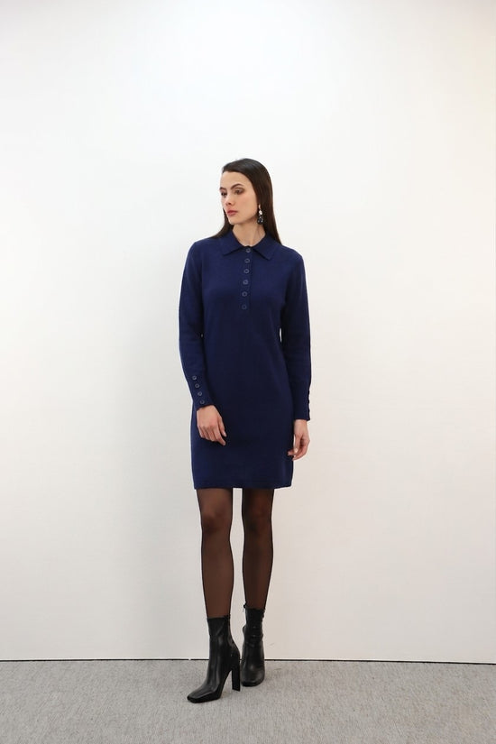 Estheme Cashmere Navy Cashmere Polo Knit Mini Dress