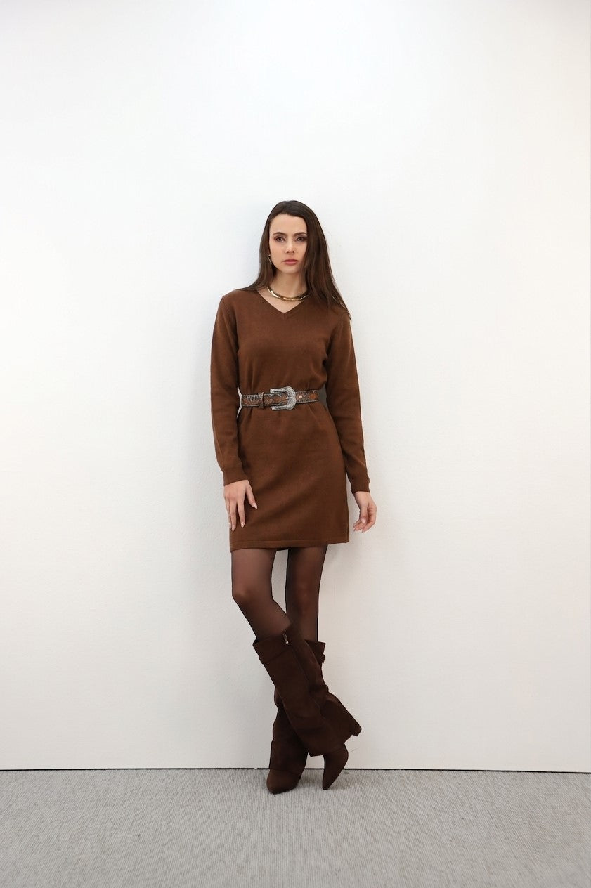 Estheme Cashmere Cognac Cashmere Knit Mini Dress V-Neck Long Sleeve