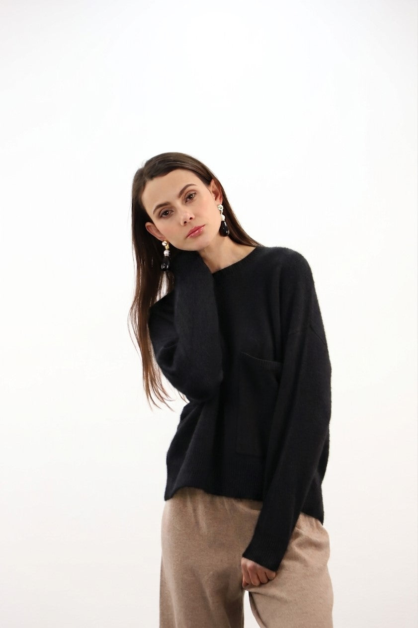 Estheme Cashmere Black Soft Cashmere Crew Neck Sweater