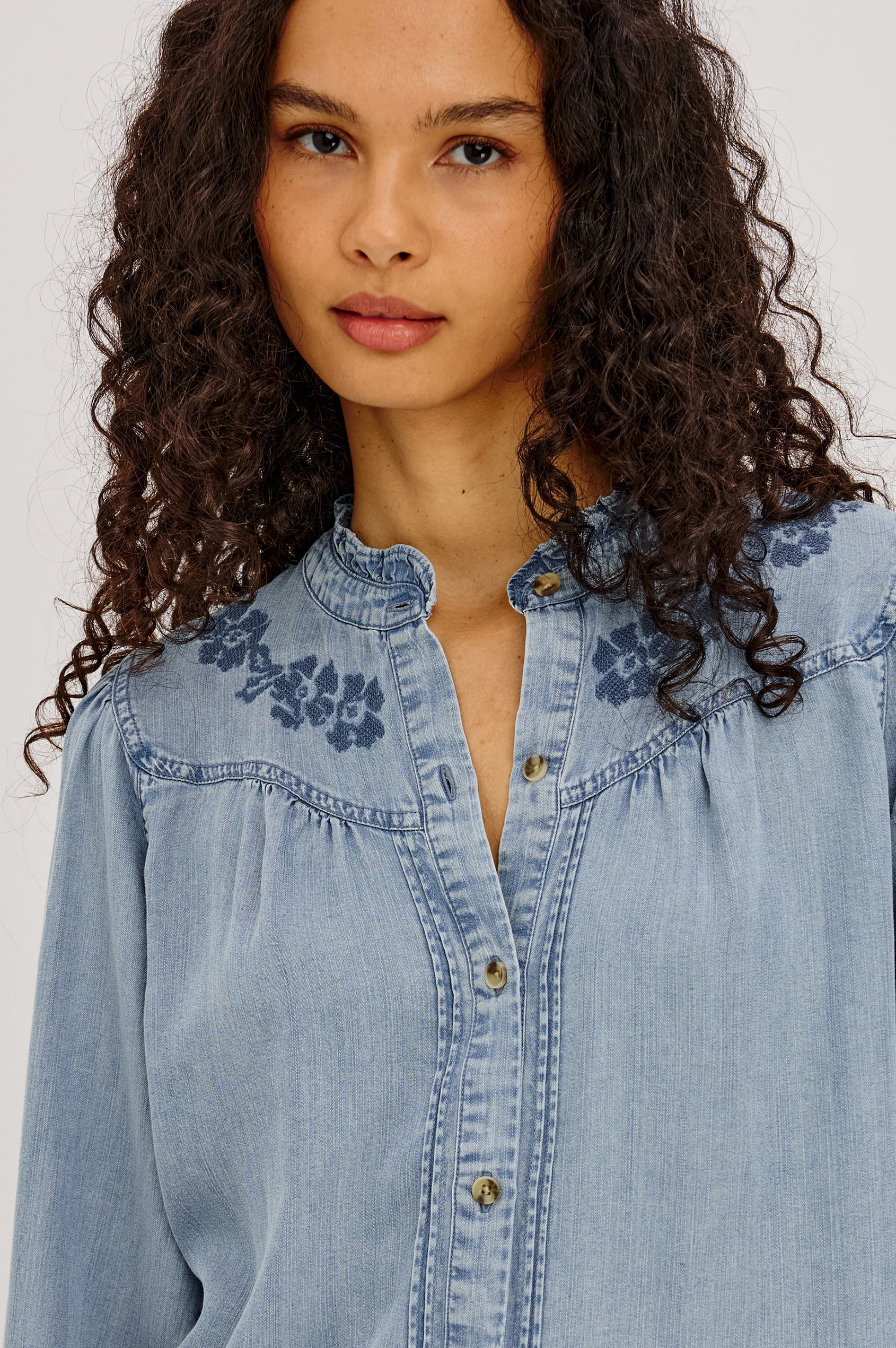 Rails Cloud Wash Ruffled Collar Tencel Denim Shirt