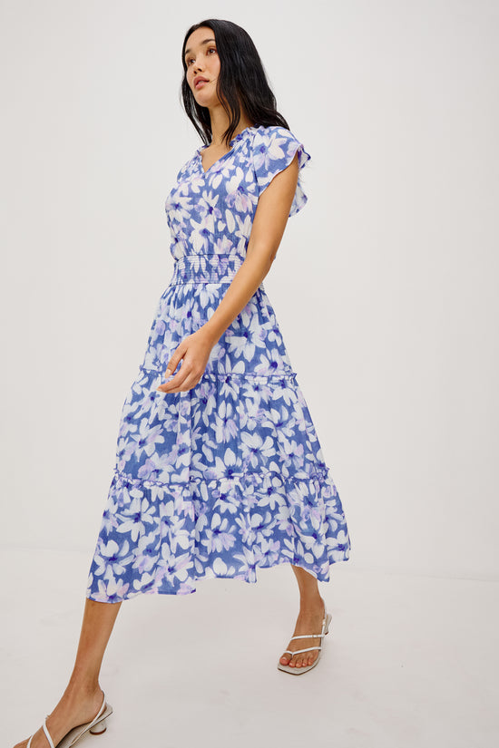Rails Blue Print Dress – Ruffle Neck Tiered Midi with Smocked Waist AMELLIA