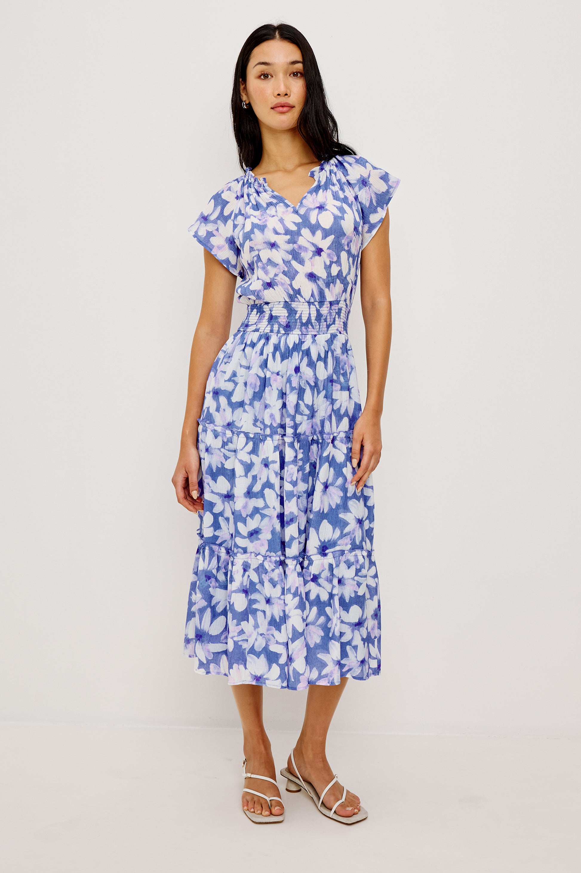 Rails Blue Print Dress – Ruffle Neck Tiered Midi with Smocked Waist AMELLIA