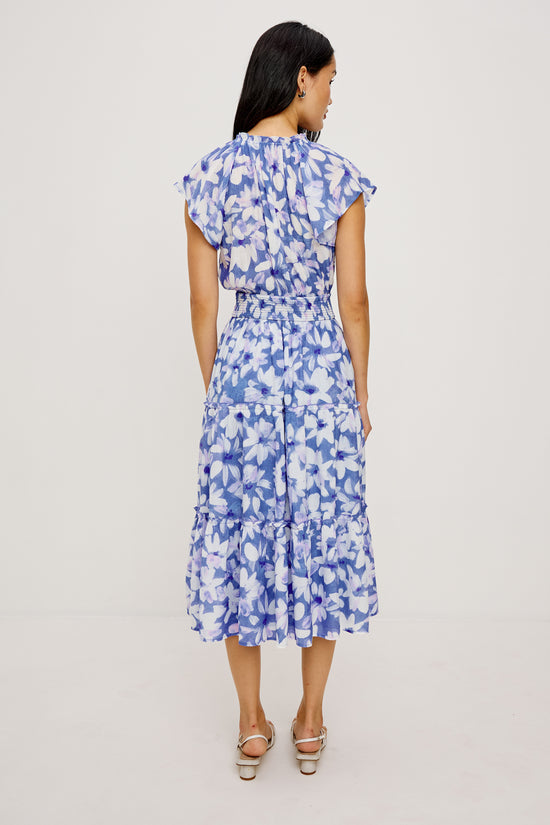 Rails Blue Print Dress – Ruffle Neck Tiered Midi with Smocked Waist AMELLIA