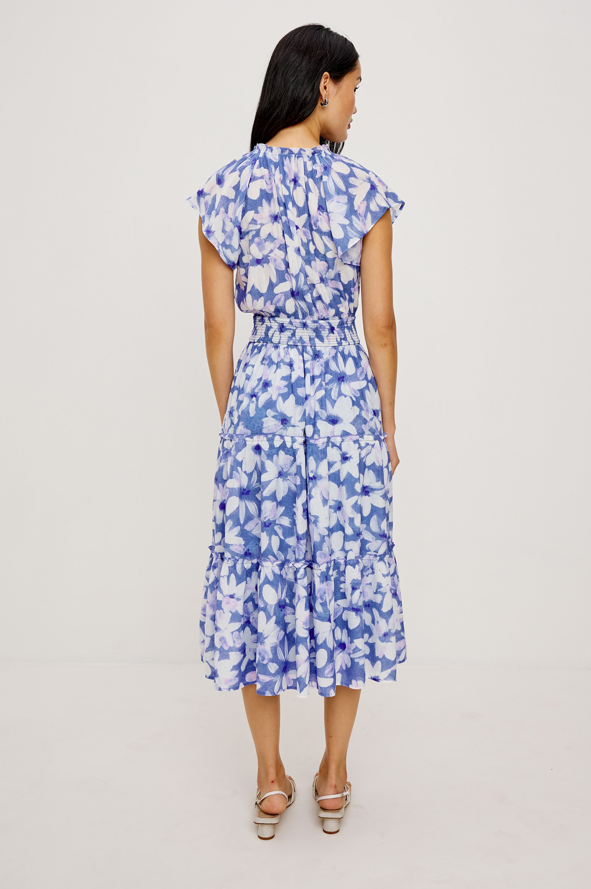 Rails Blue Print Dress – Ruffle Neck Tiered Midi with Smocked Waist AMELLIA