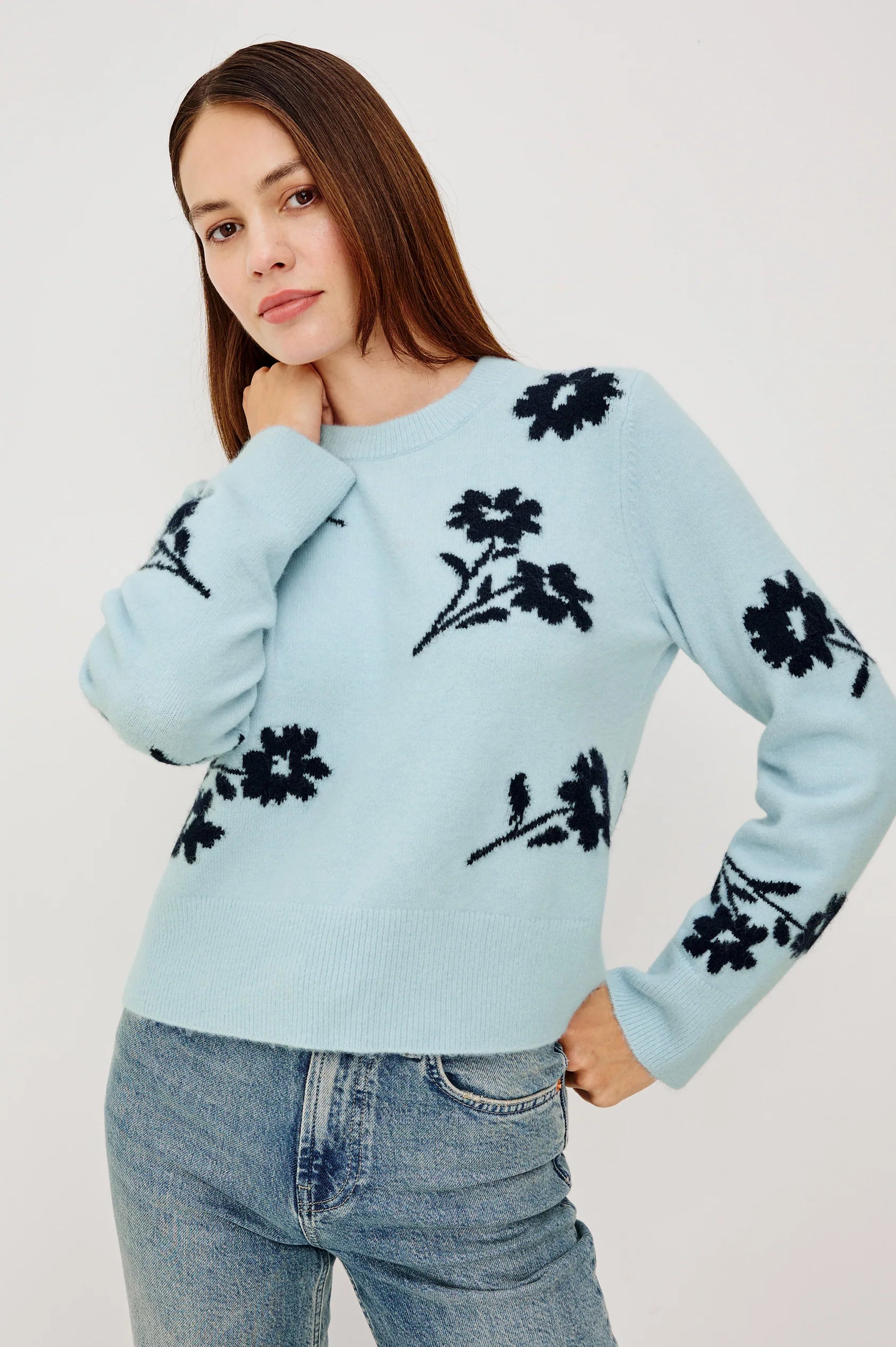 Rails Winter Blue Floral Crew Neck Sweater Anise
