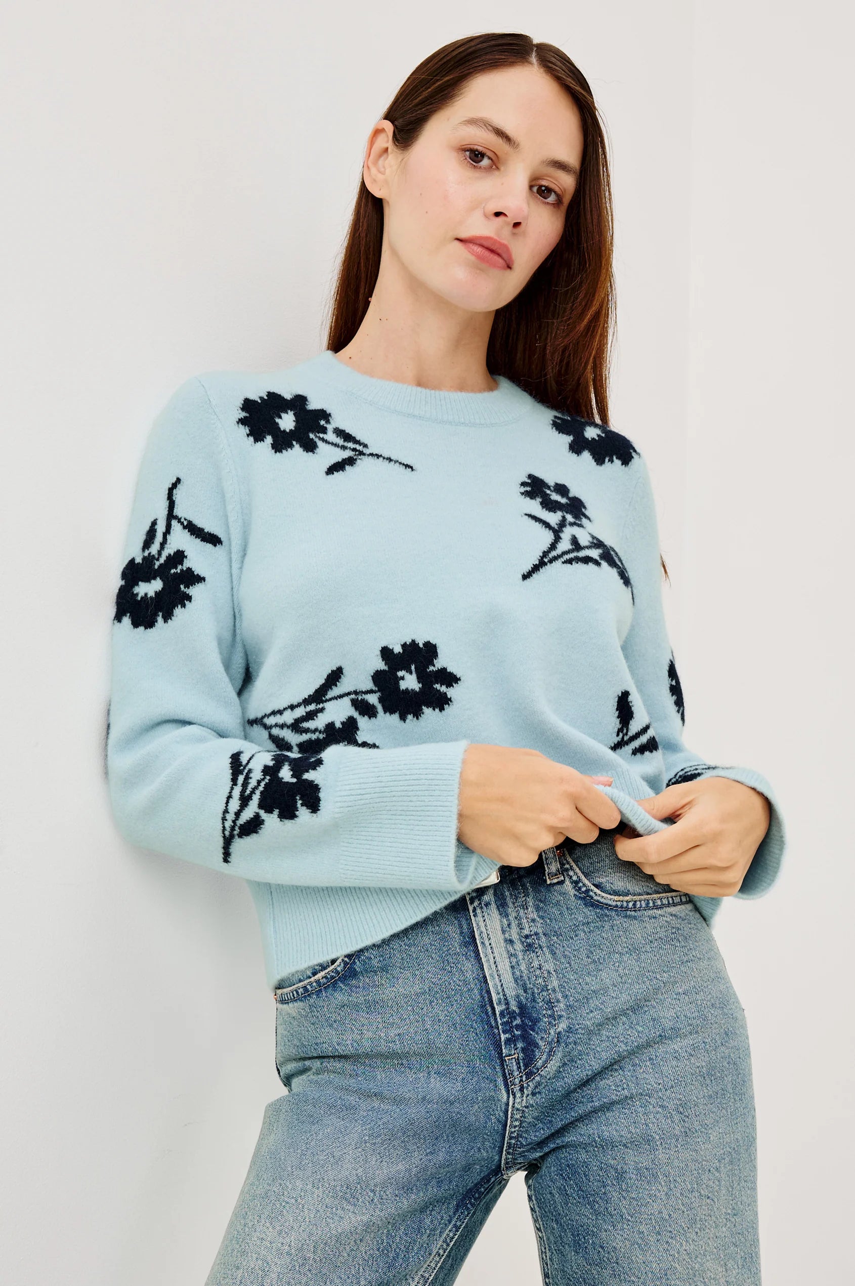 Rails Winter Blue Floral Crew Neck Sweater Anise