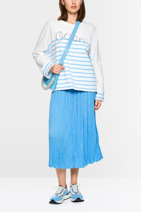Marc Cain Sports White & Blue Striped Loose Fit Crew Neck Sweatshirt