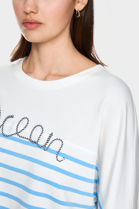 Marc Cain Sports White & Blue Striped Loose Fit Crew Neck Sweatshirt