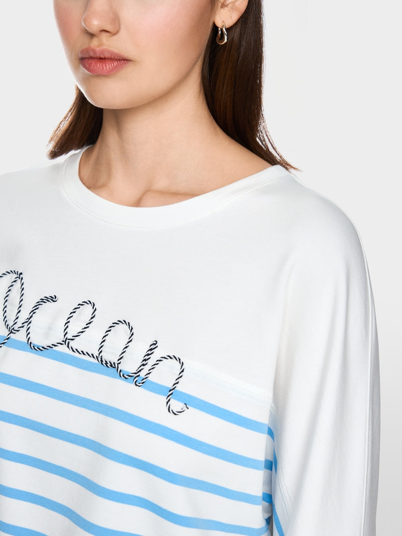 Marc Cain Sports White & Blue Striped Loose Fit Crew Neck Sweatshirt