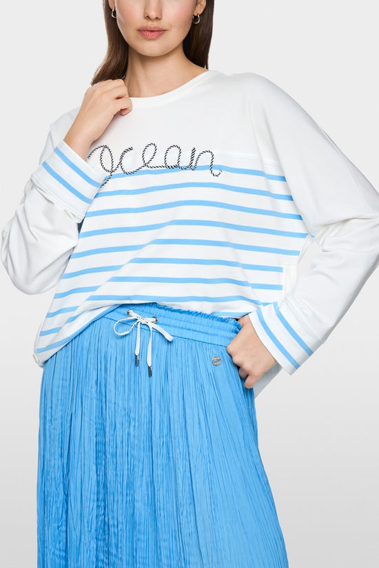 Marc Cain Sports White & Blue Striped Loose Fit Crew Neck Sweatshirt