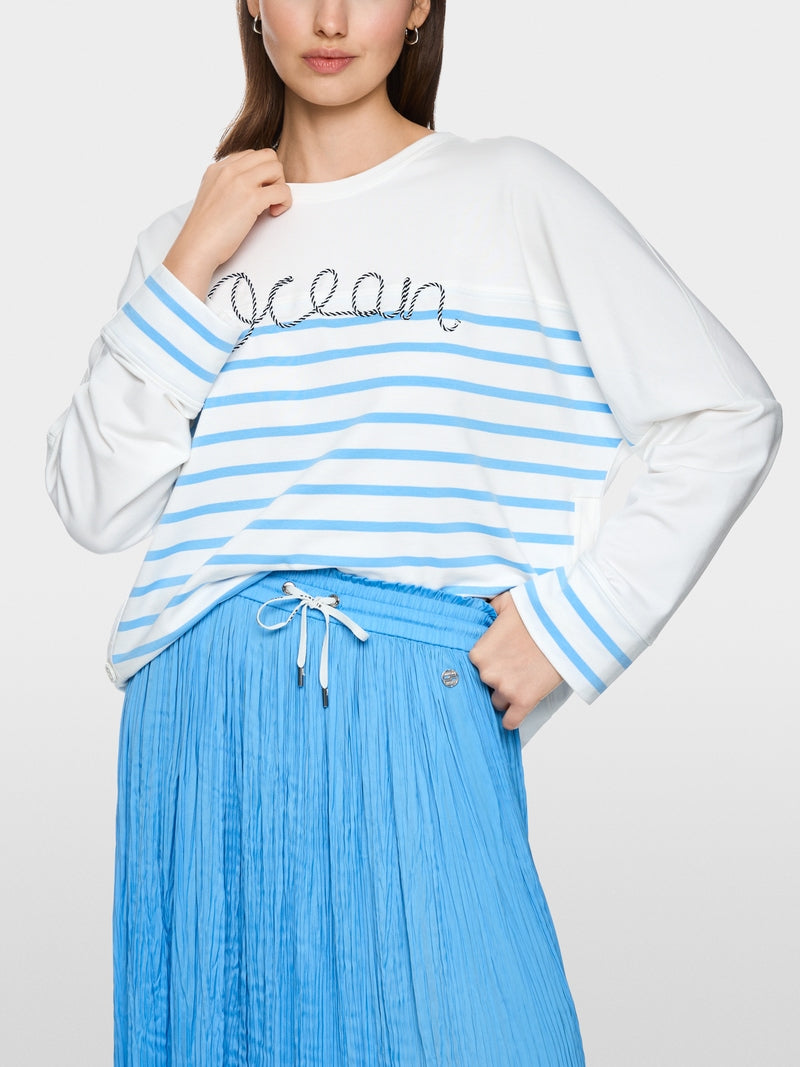 Marc Cain Sports White & Blue Striped Loose Fit Crew Neck Sweatshirt