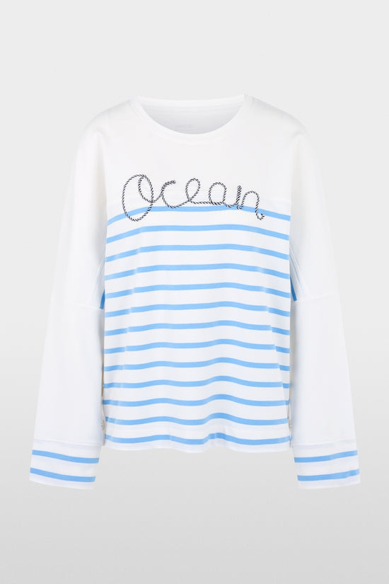 Marc Cain Sports White & Blue Striped Loose Fit Crew Neck Sweatshirt