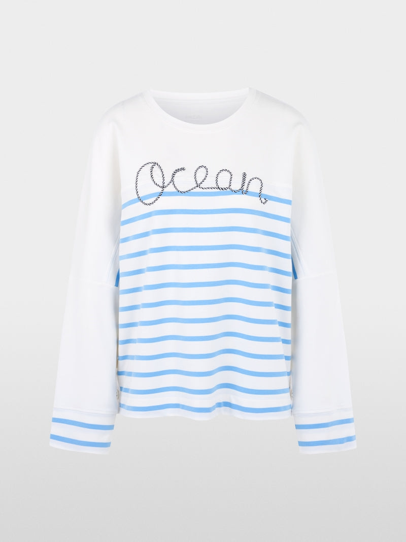 Marc Cain Sports White & Blue Striped Loose Fit Crew Neck Sweatshirt