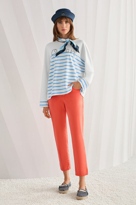 Marc Cain Sports White & Blue Striped Loose Fit Crew Neck Sweatshirt