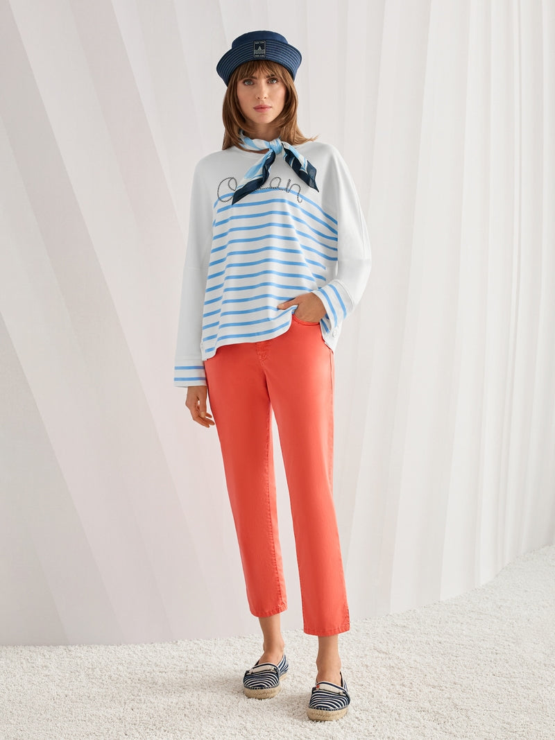 Marc Cain Sports White & Blue Striped Loose Fit Crew Neck Sweatshirt