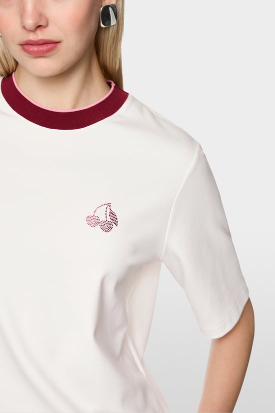 Marc Cain Sports Off White Classic Crew Neck T-Shirt with Cherry Detail AS48.03 J54