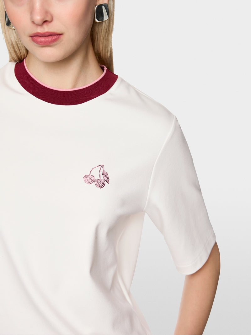 Marc Cain Sports Off White Classic Crew Neck T-Shirt with Cherry Detail AS48.03 J54