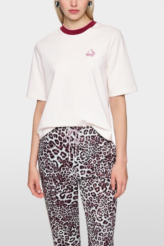 Marc Cain Sports Off White Classic Crew Neck T-Shirt with Cherry Detail AS48.03 J54