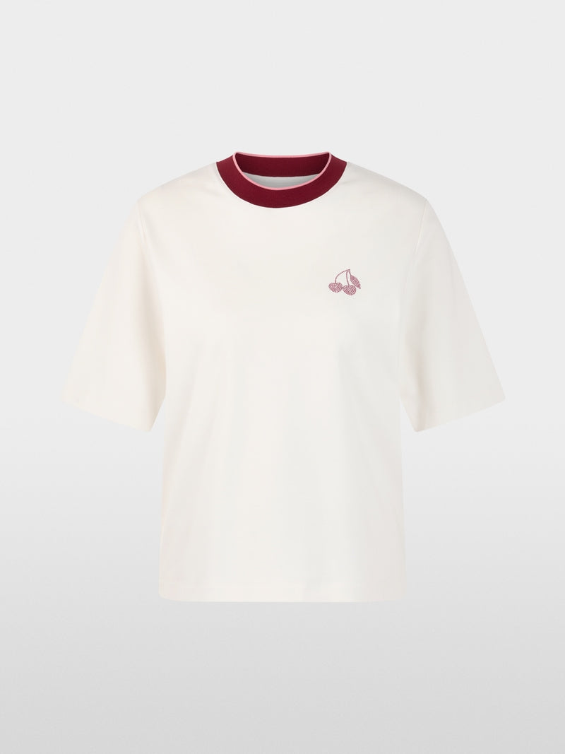 Marc Cain Sports Off White Classic Crew Neck T-Shirt with Cherry Detail AS48.03 J54