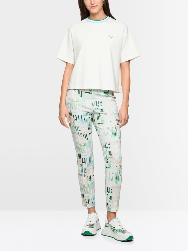 Marc Cain Sports Off-White Crew Neck Short Sleeve T-Shirt with heart and striped details AS48.16 J54