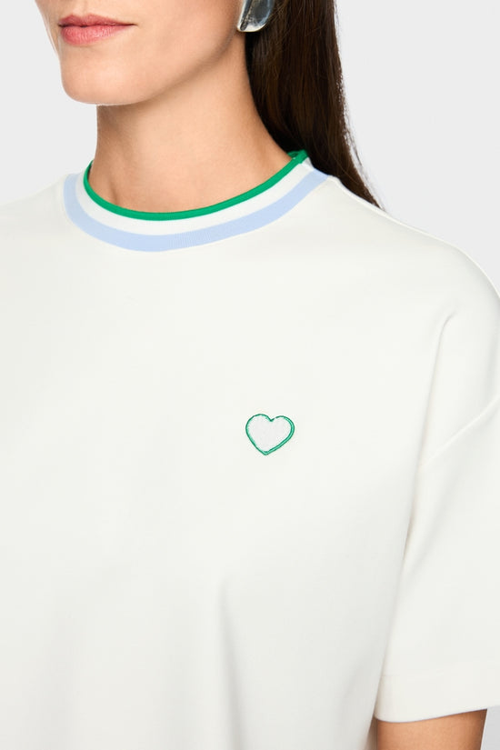 Marc Cain Sports Off-White Crew Neck Short Sleeve T-Shirt with heart and striped details AS48.16 J54