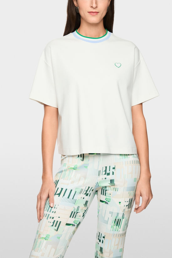 Marc Cain Sports Off-White Crew Neck Short Sleeve T-Shirt with heart and striped details AS48.16 J54