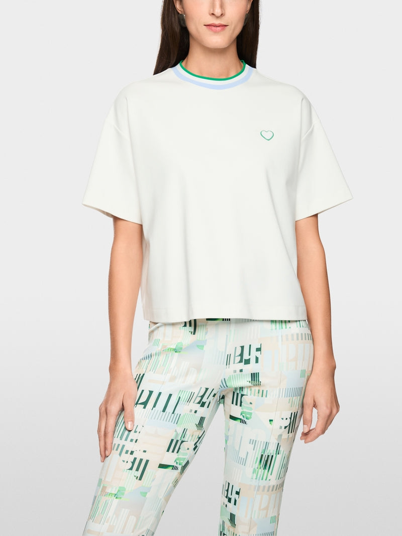 Marc Cain Sports Off-White Crew Neck Short Sleeve T-Shirt with heart and striped details AS48.16 J54