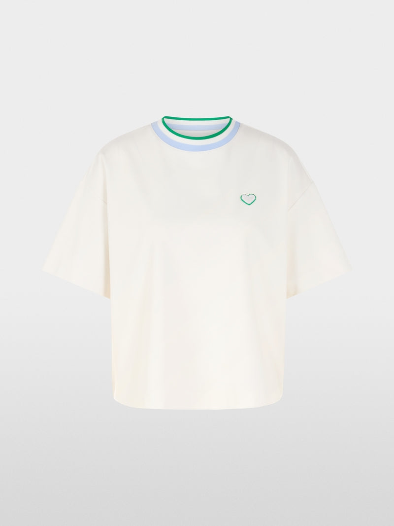 Marc Cain Sports Off-White Crew Neck Short Sleeve T-Shirt with heart and striped details AS48.16 J54