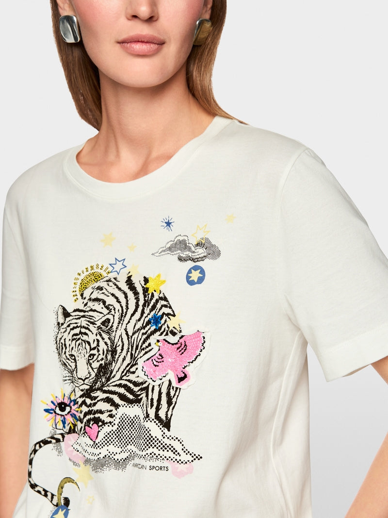 Marc Cain Sports Short Sleeve T-Shirt with Tiger Print in Off-White AS48.18 J22
