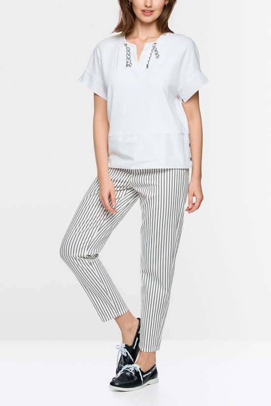 Marc Cain Sports White Short Sleeved Drawstring Cord Neckline T-Shirt